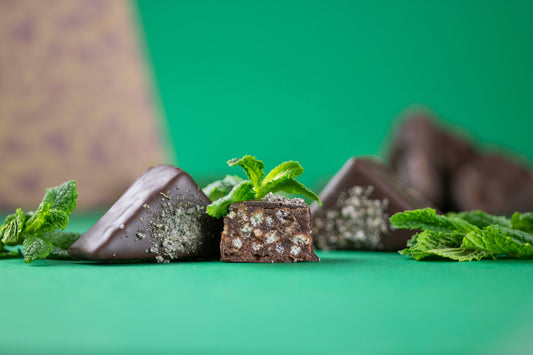 An image of Mint chocolate Goupie with a bold green background and small springs of mint scattered around.