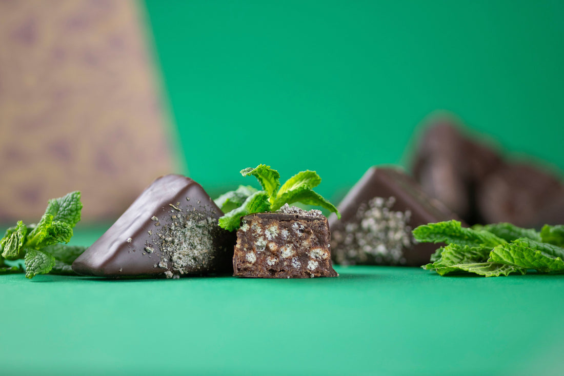 An image of Mint chocolate Goupie with a bold green background and small springs of mint scattered around.