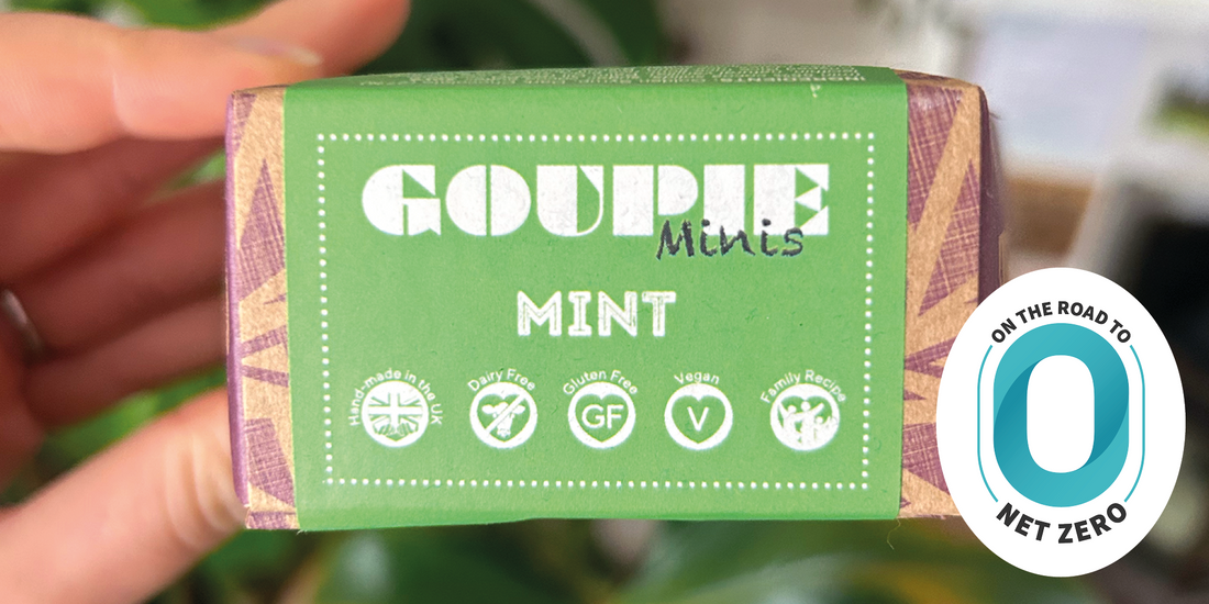 A side view of Mint Goupie Mini box with a Net Zero Now sticker in the bottom right.
