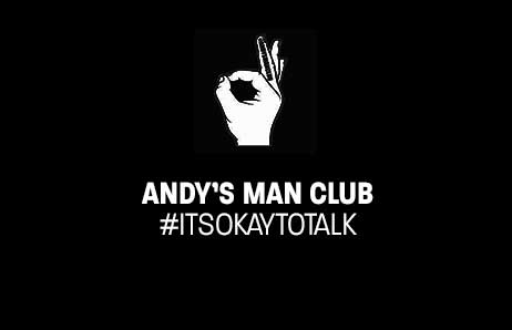 A black and white image that states Andy's Man Club, # it's okay to talk. There is a stylised graphic of the 'ok' hand symbol in the centre.