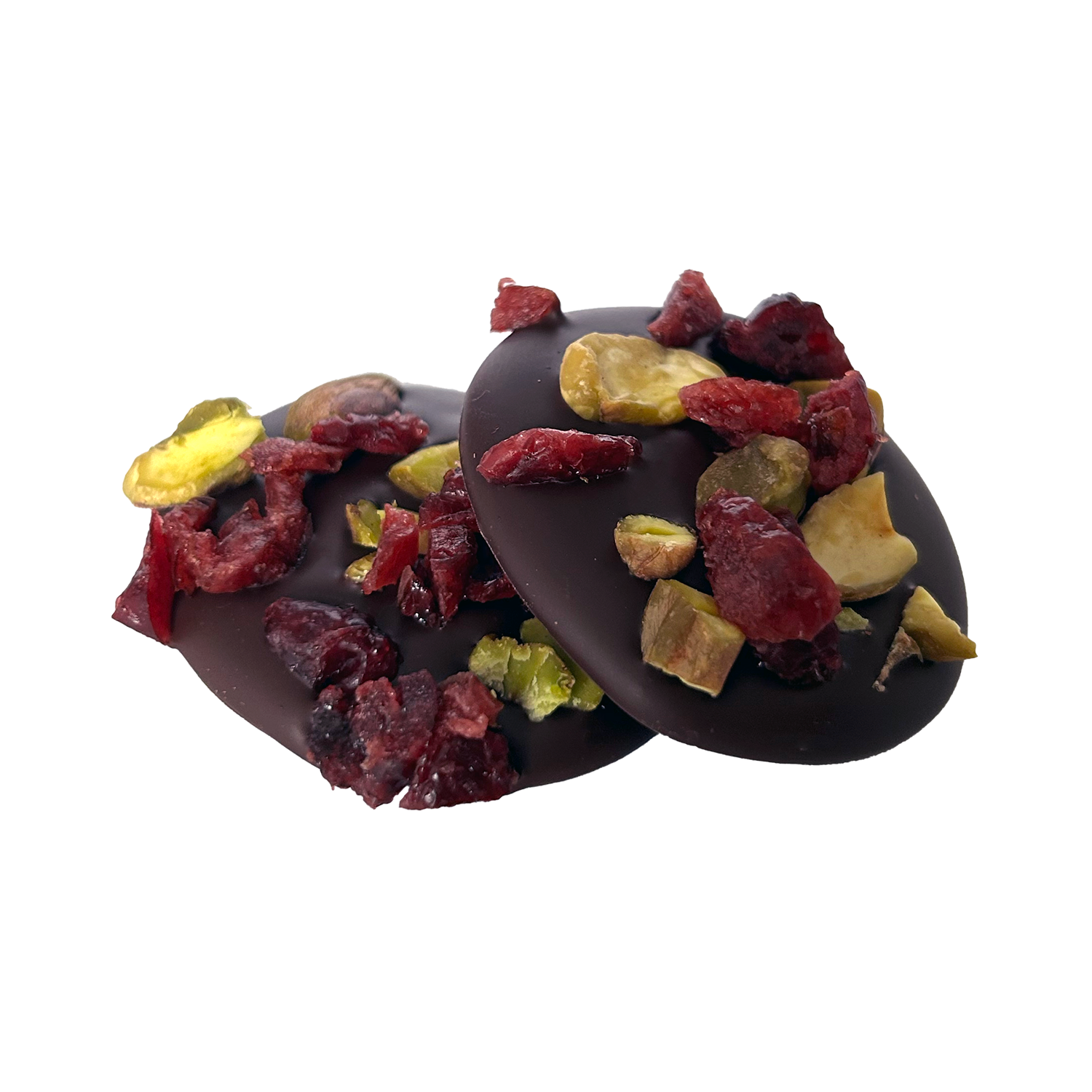 Christmas vegan chocolate discs topped with pistachios and cranberries