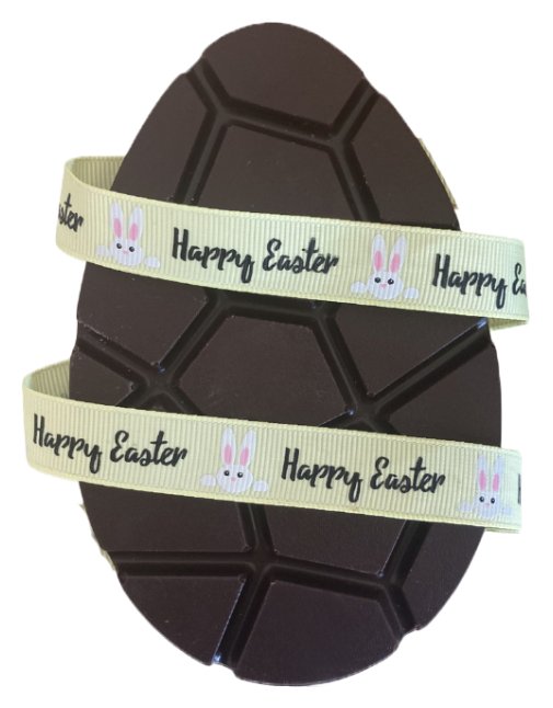 Dark chocolate Easter egg with a 'Happy Easter' ribbon