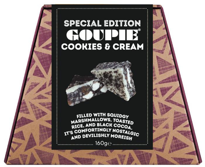 A box of limited edition cookies and cream Goupie, featuring a tan and purple geometric patterned box with a black central label showing a two pieces of cookies and cream goupie.