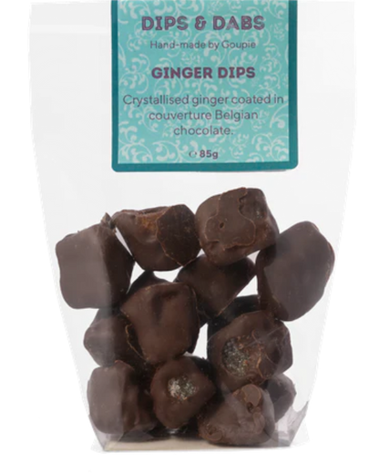 a home compostable bag of crystallised cubes of ginger covered in vegan chocolate