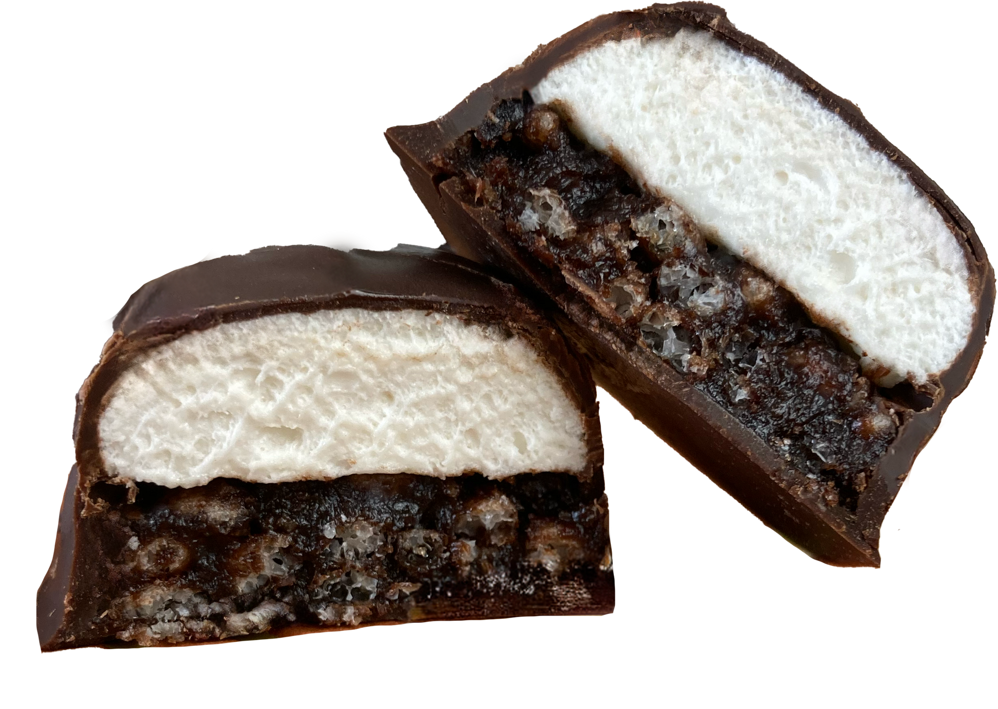 Two chocolate-covered marshmallow treats with a white center on a white background