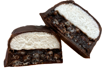 Two chocolate-covered marshmallow treats with a white center on a white background
