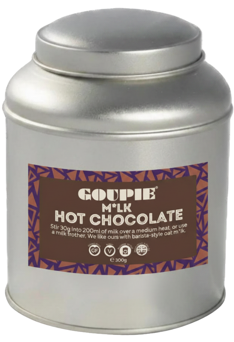 Metal canister of Goupie milk hot chocolate on a transparent background