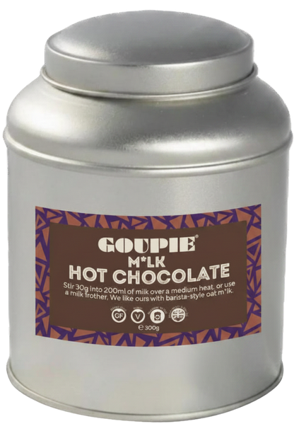 Metal canister of Goupie milk hot chocolate on a transparent background