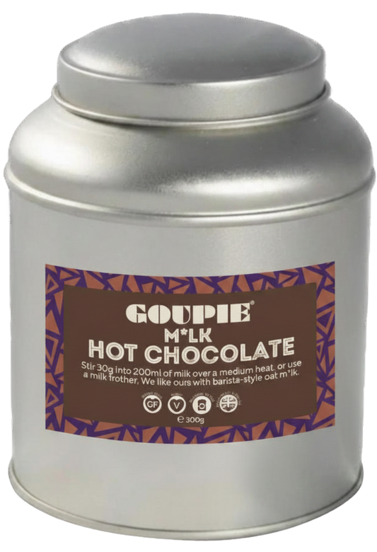 Metal canister of Goupie milk hot chocolate on a transparent background