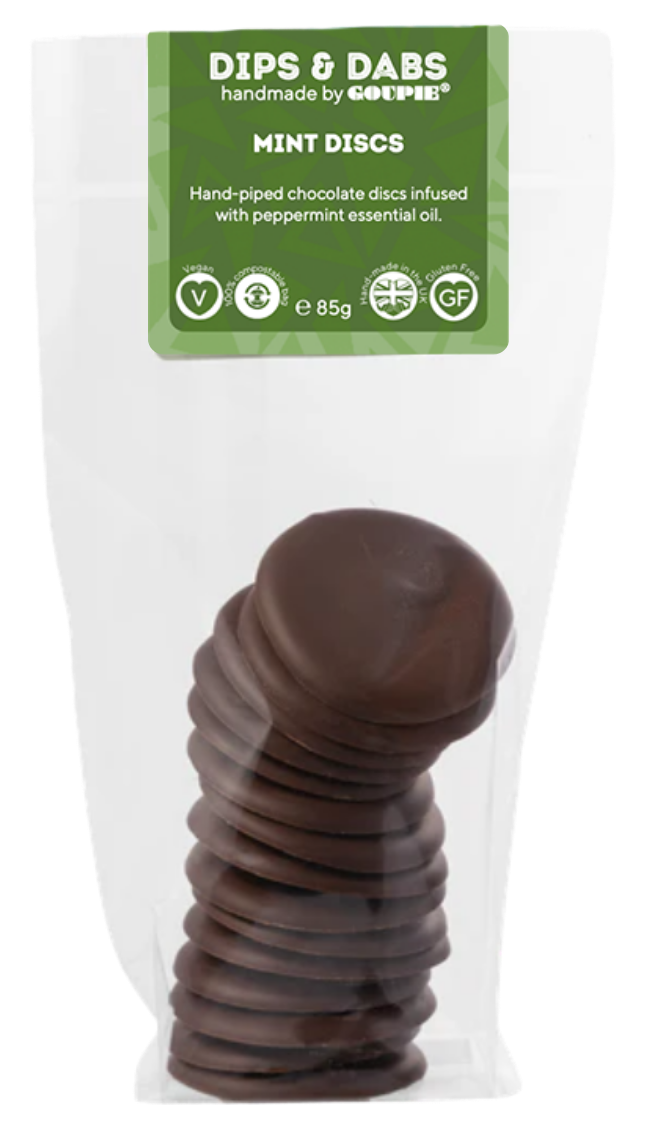 Packaged chocolate discs with a visible brand label on a white background