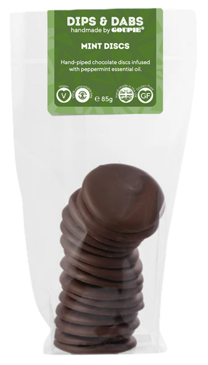 Packaged chocolate discs with a visible brand label on a white background