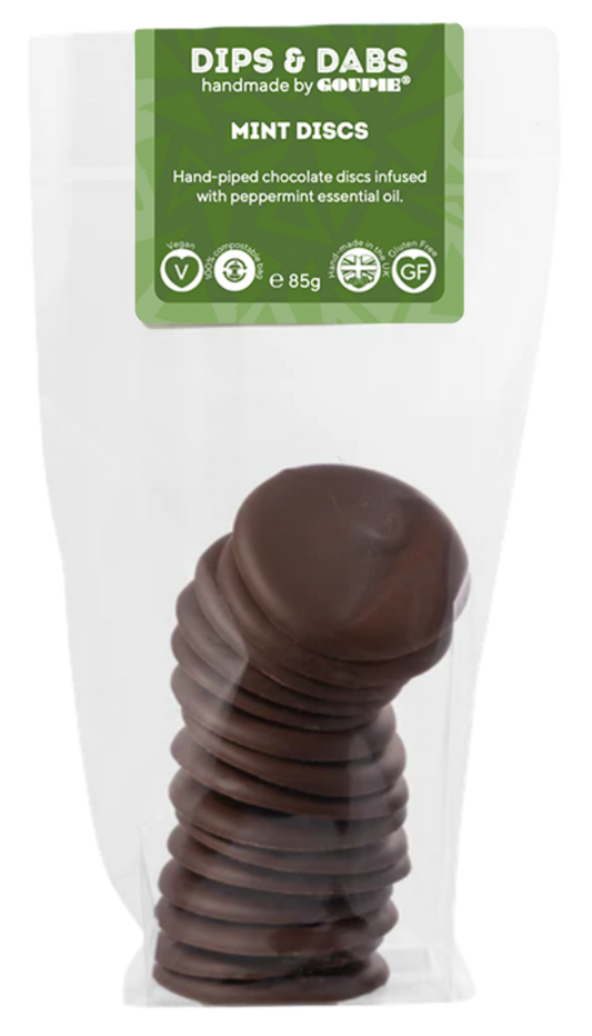 Packaged chocolate discs with a visible brand label on a white background