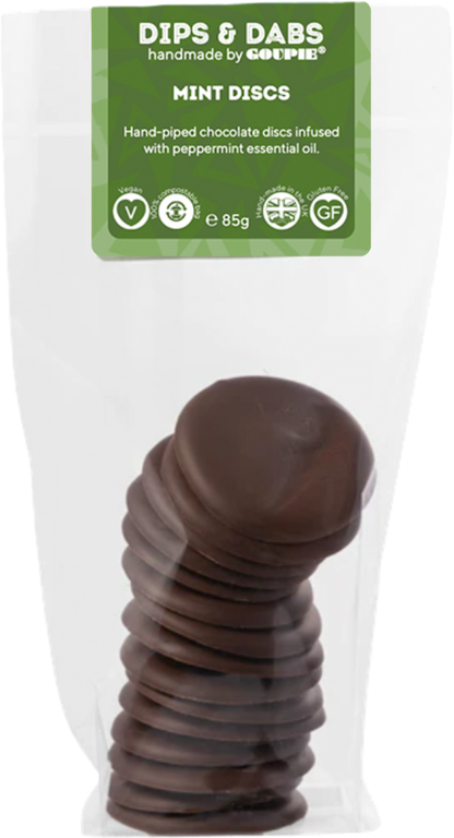 a home compostable bag of vegan mint flavoured chocolate discs